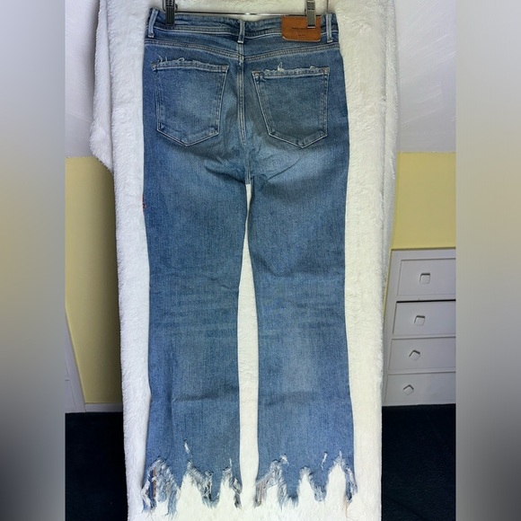 ZARA Trafaluc Denim Floral Embroidered Distressed Flare Jeans 4 Boho Festival - Picture 5 of 10